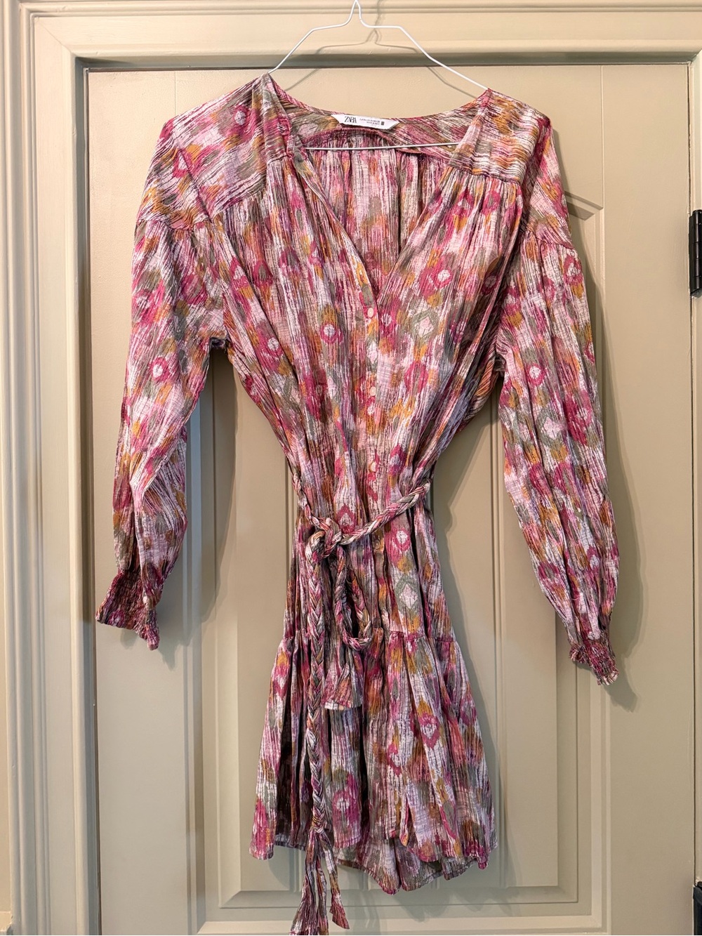 ZARA Women’s Purple Ikat Boho Printed Belted Mini Dress XL EUC